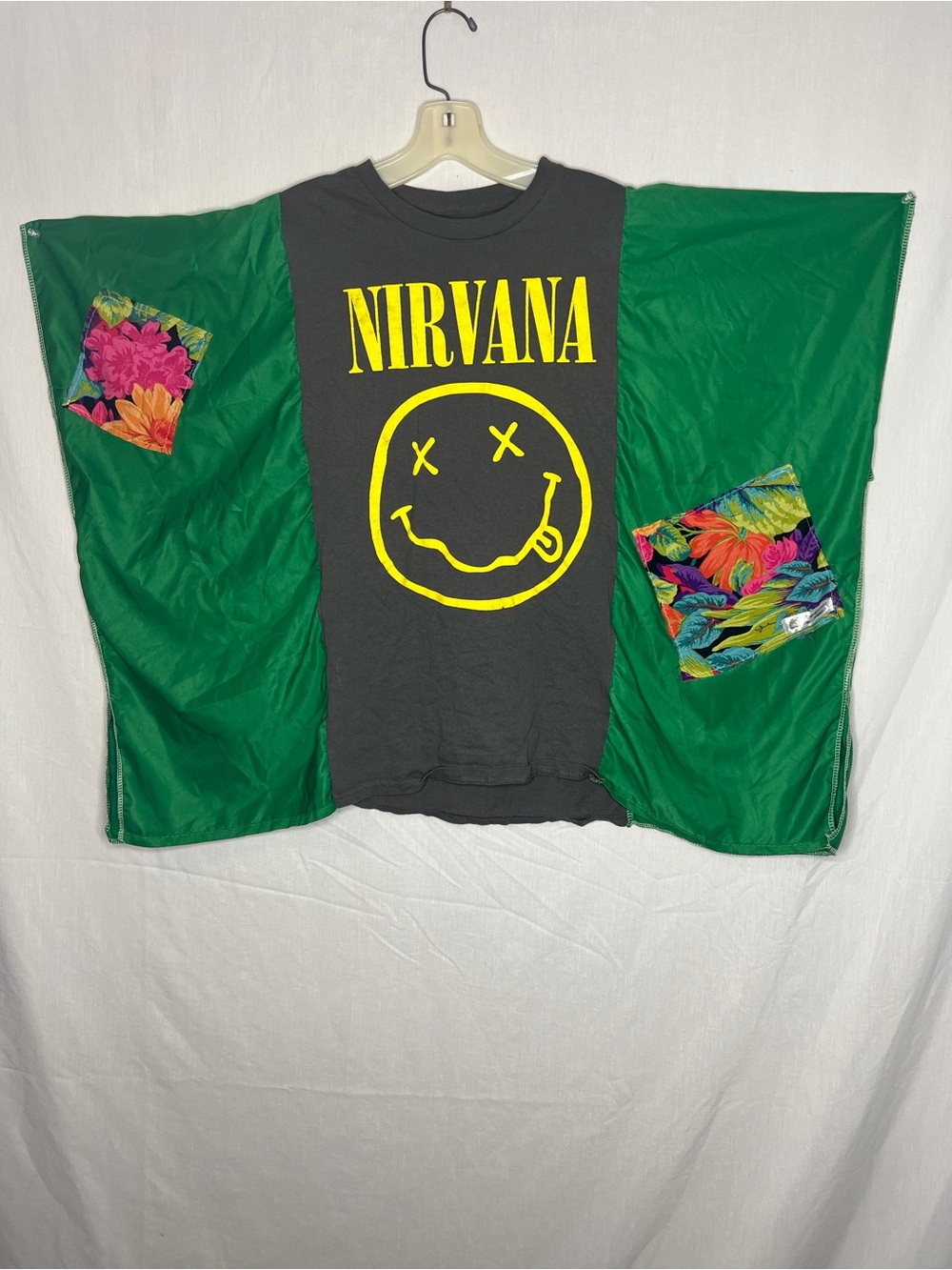 Upcycled NIRVANA Black & Green Smile Patchwork Band Tee kimono